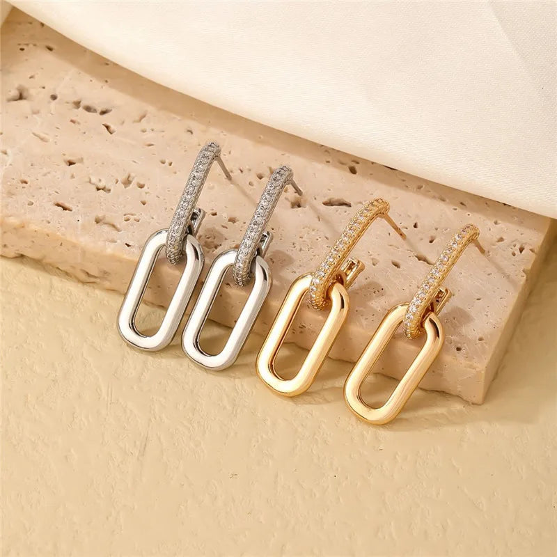 Gold Color Dangle Earrings with Shiny Zircon Decor Elegant Minimalist Double Loop Design Hoop Earrings Jewelry Gift for Women
