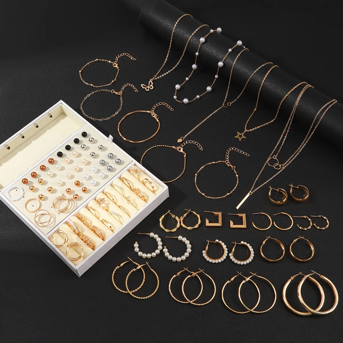 92Pcs Women's Fashion Jewelry Set Contain Hoop Earrings、Stud Earrings、Bracelet、Necklace and Ring,Versatile Daily Jewelry