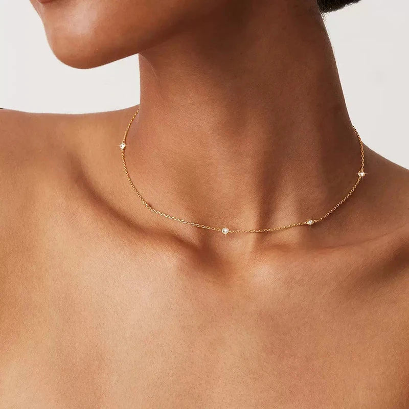Vive Amari's Mossanite Station Chain Necklace For Women, 925 Sterling Silver 18K Gold Diamond Cut BTY Layering Choker Necklaces