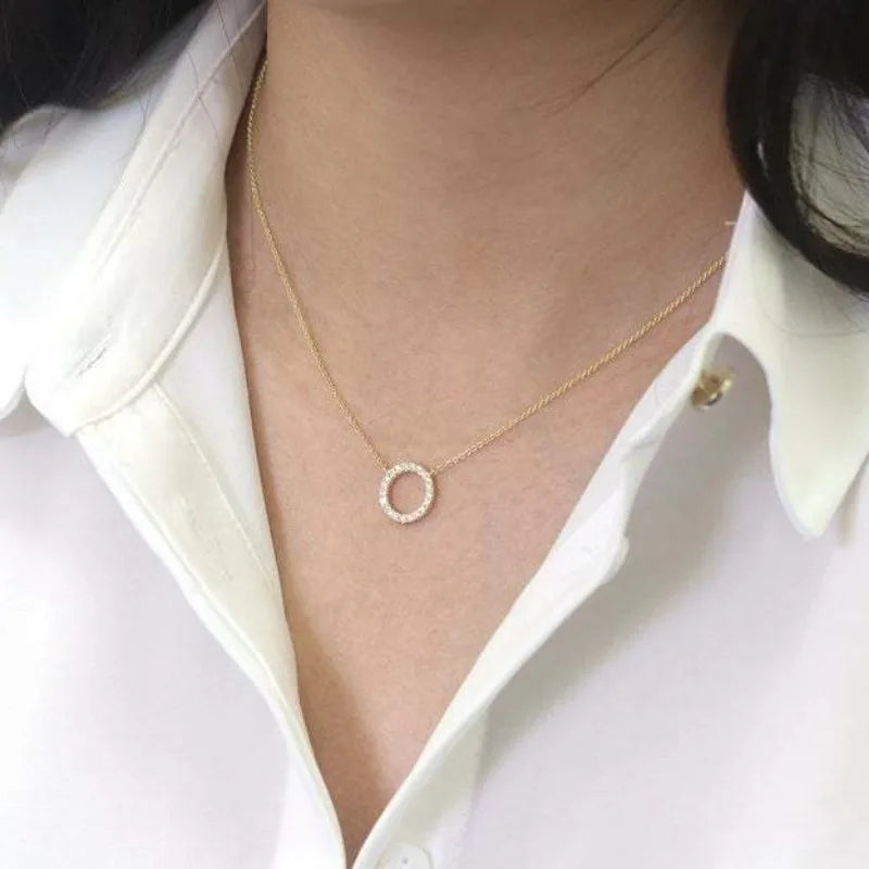 Fashion Trend Elegant Jewelry Simple Crystal Circle Pendant Necklace Golden Color Unquie Women Necklace Party Gift