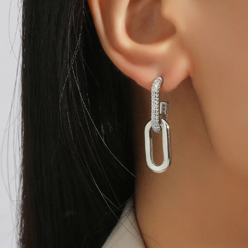 Gold Color Dangle Earrings with Shiny Zircon Decor Elegant Minimalist Double Loop Design Hoop Earrings Jewelry Gift for Women
