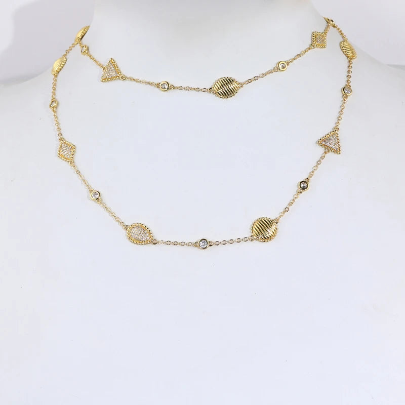 2025 New Fashion Women Jewelry Set Geoemtric Charm CZ Station Link Chain Gold Color Dangle Earring Long Double Layer Necklace