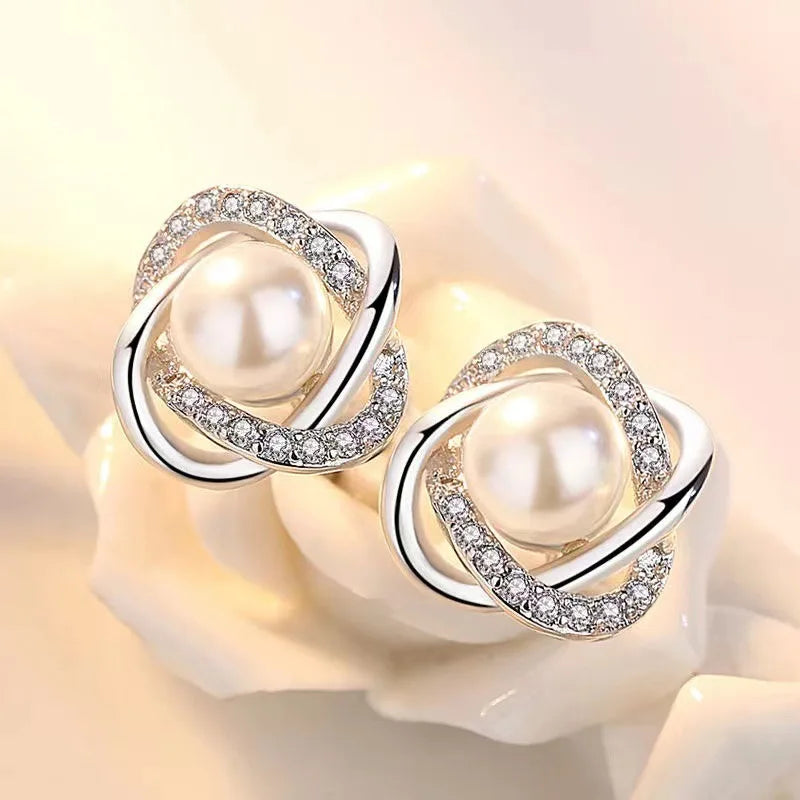 14k Gold Jewelry Real Gold  Earrings Zircon Pearl Twist Luxury Stud Earrings for Women Brincos Pendientes Bijoux