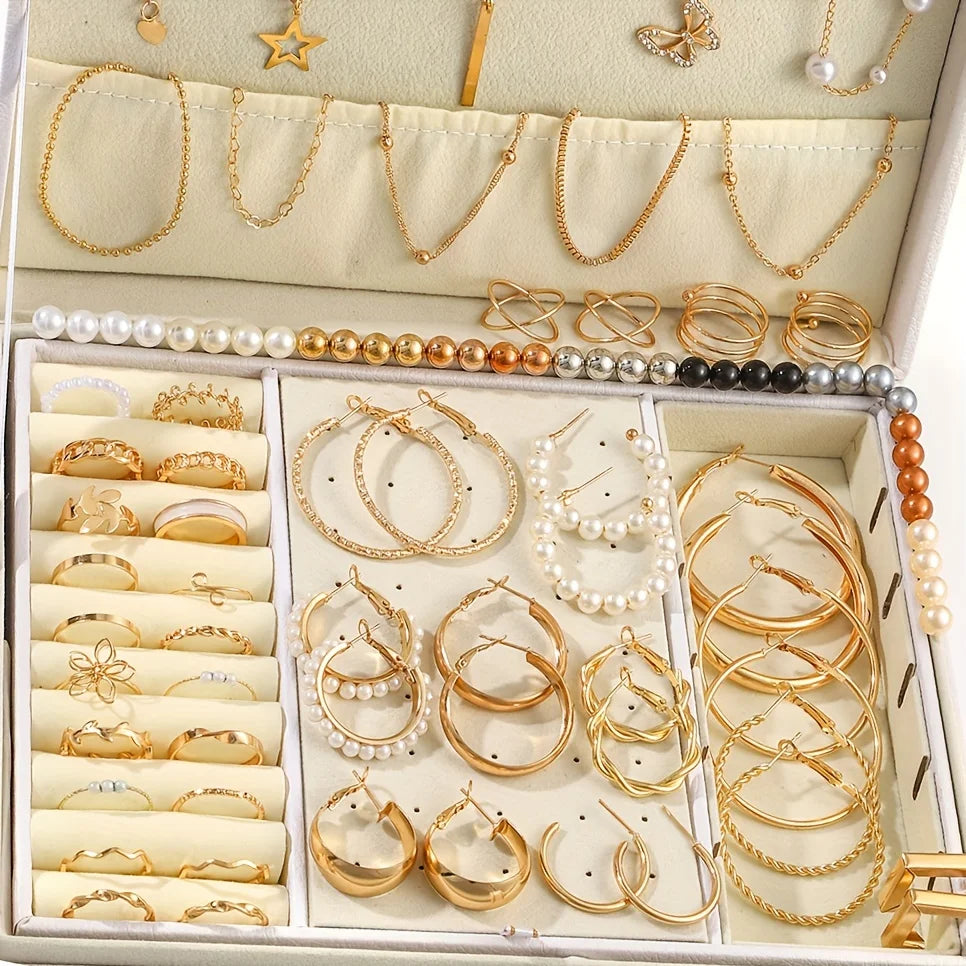 92Pcs Women's Fashion Jewelry Set Contain Hoop Earrings、Stud Earrings、Bracelet、Necklace and Ring,Versatile Daily Jewelry