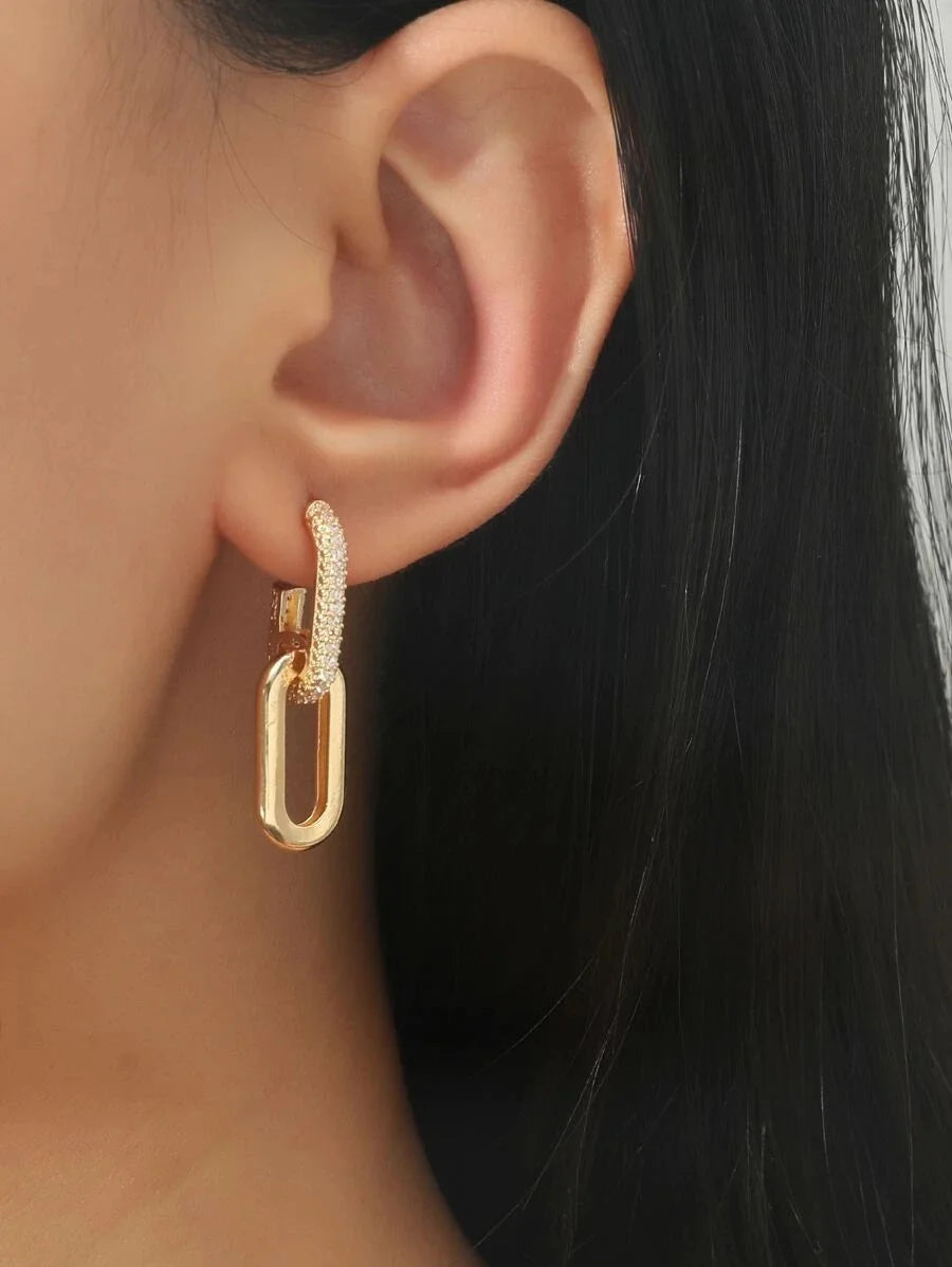 Gold Color Dangle Earrings with Shiny Zircon Decor Elegant Minimalist Double Loop Design Hoop Earrings Jewelry Gift for Women