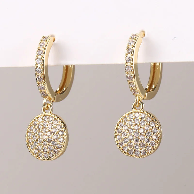 Gold Color Dangle Earrings with Shiny Zircon Decor Elegant Minimalist Double Loop Design Hoop Earrings Jewelry Gift for Women