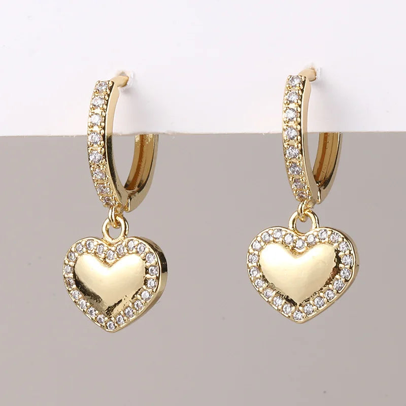 Gold Color Dangle Earrings with Shiny Zircon Decor Elegant Minimalist Double Loop Design Hoop Earrings Jewelry Gift for Women