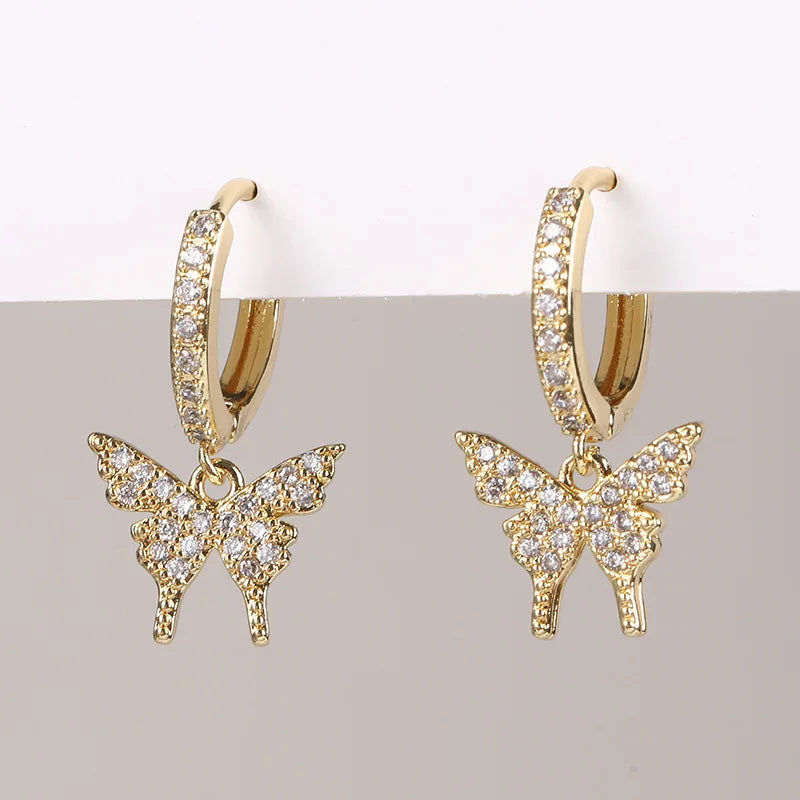 Gold Color Dangle Earrings with Shiny Zircon Decor Elegant Minimalist Double Loop Design Hoop Earrings Jewelry Gift for Women