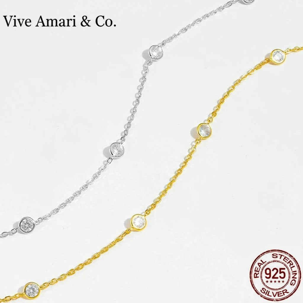 Vive Amari's Mossanite Station Chain Necklace For Women, 925 Sterling Silver 18K Gold Diamond Cut BTY Layering Choker Necklaces