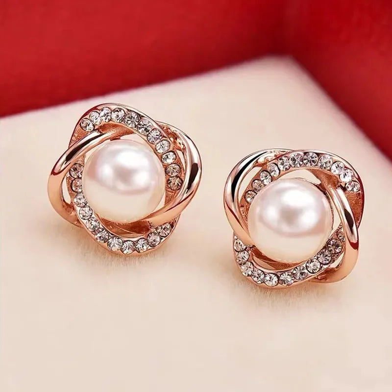 14k Gold Jewelry Real Gold  Earrings Zircon Pearl Twist Luxury Stud Earrings for Women Brincos Pendientes Bijoux