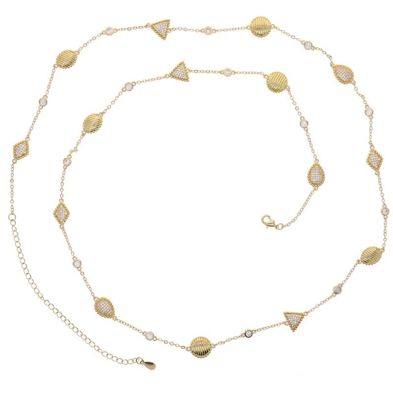 2025 New Fashion Women Jewelry Set Geoemtric Charm CZ Station Link Chain Gold Color Dangle Earring Long Double Layer Necklace