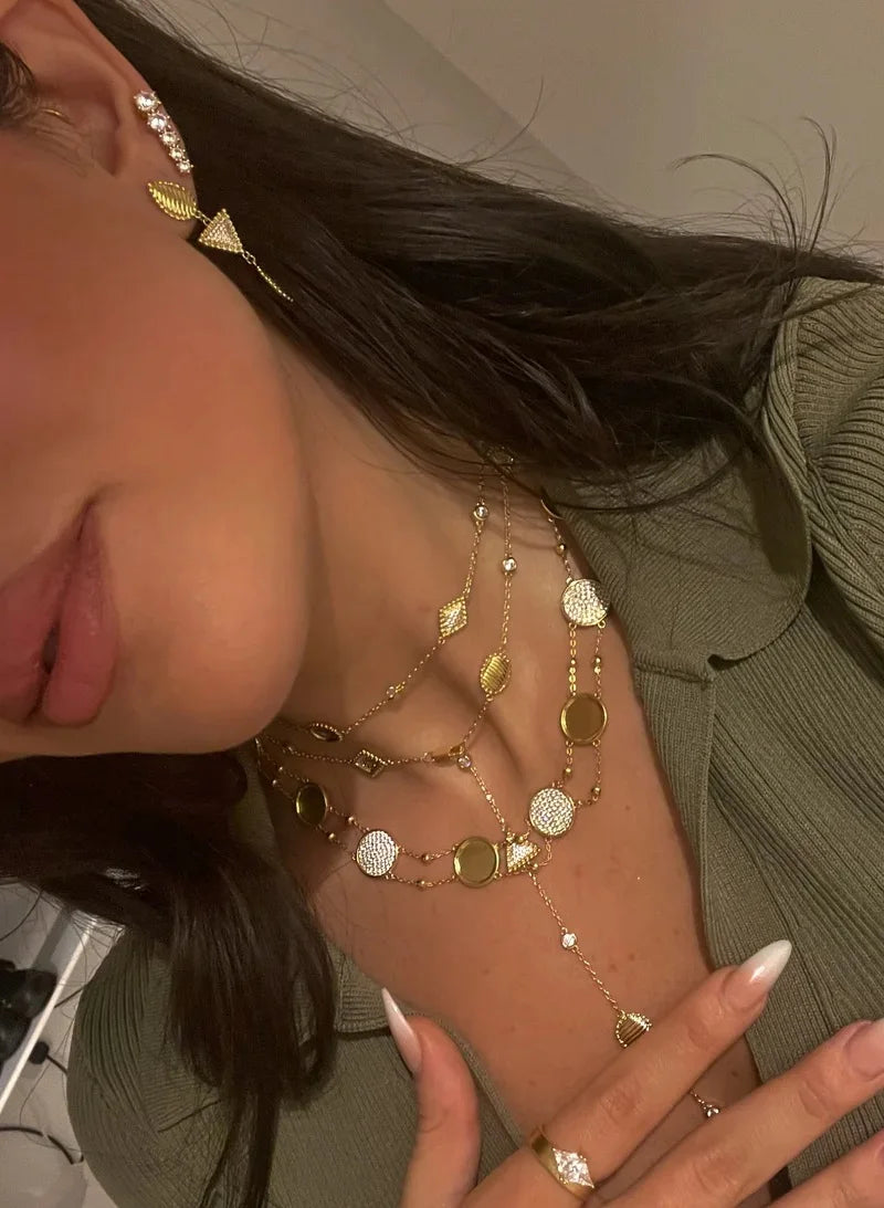 2025 New Fashion Women Jewelry Set Geoemtric Charm CZ Station Link Chain Gold Color Dangle Earring Long Double Layer Necklace