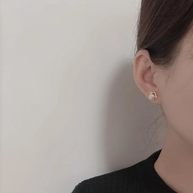 14k Gold Jewelry Real Gold  Earrings Zircon Pearl Twist Luxury Stud Earrings for Women Brincos Pendientes Bijoux