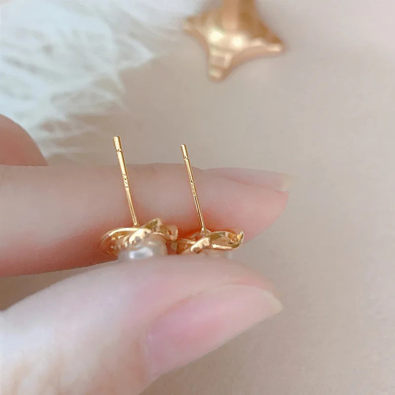 14k Gold Jewelry Real Gold  Earrings Zircon Pearl Twist Luxury Stud Earrings for Women Brincos Pendientes Bijoux