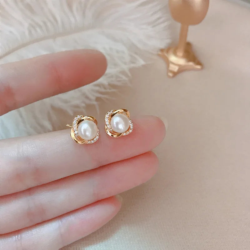 14k Gold Jewelry Real Gold  Earrings Zircon Pearl Twist Luxury Stud Earrings for Women Brincos Pendientes Bijoux
