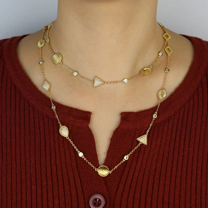 2025 New Fashion Women Jewelry Set Geoemtric Charm CZ Station Link Chain Gold Color Dangle Earring Long Double Layer Necklace