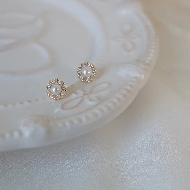 14k Gold Jewelry Real Gold  Earrings Zircon Pearl Twist Luxury Stud Earrings for Women Brincos Pendientes Bijoux
