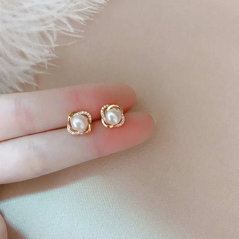 14k Gold Jewelry Real Gold  Earrings Zircon Pearl Twist Luxury Stud Earrings for Women Brincos Pendientes Bijoux