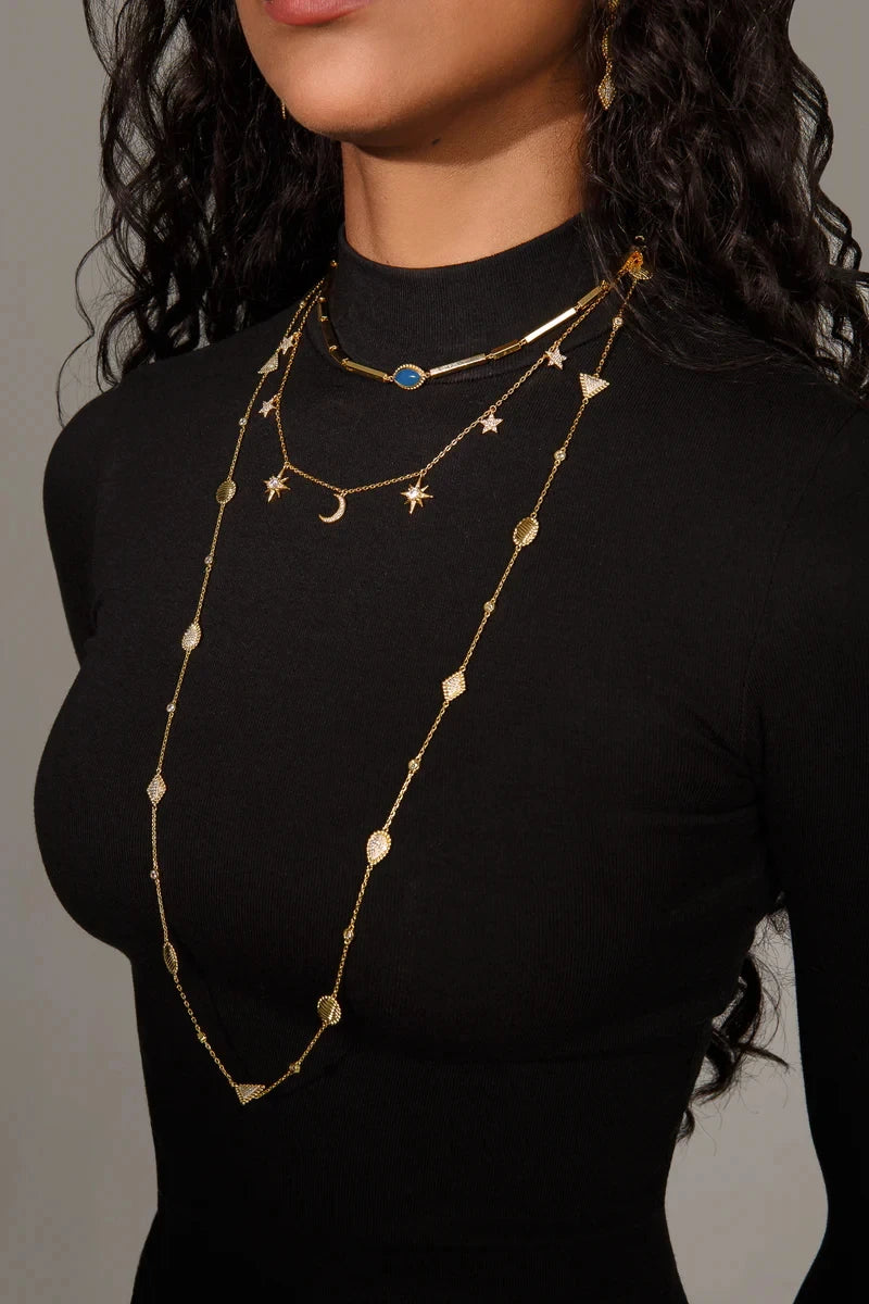 2025 New Fashion Women Jewelry Set Geoemtric Charm CZ Station Link Chain Gold Color Dangle Earring Long Double Layer Necklace